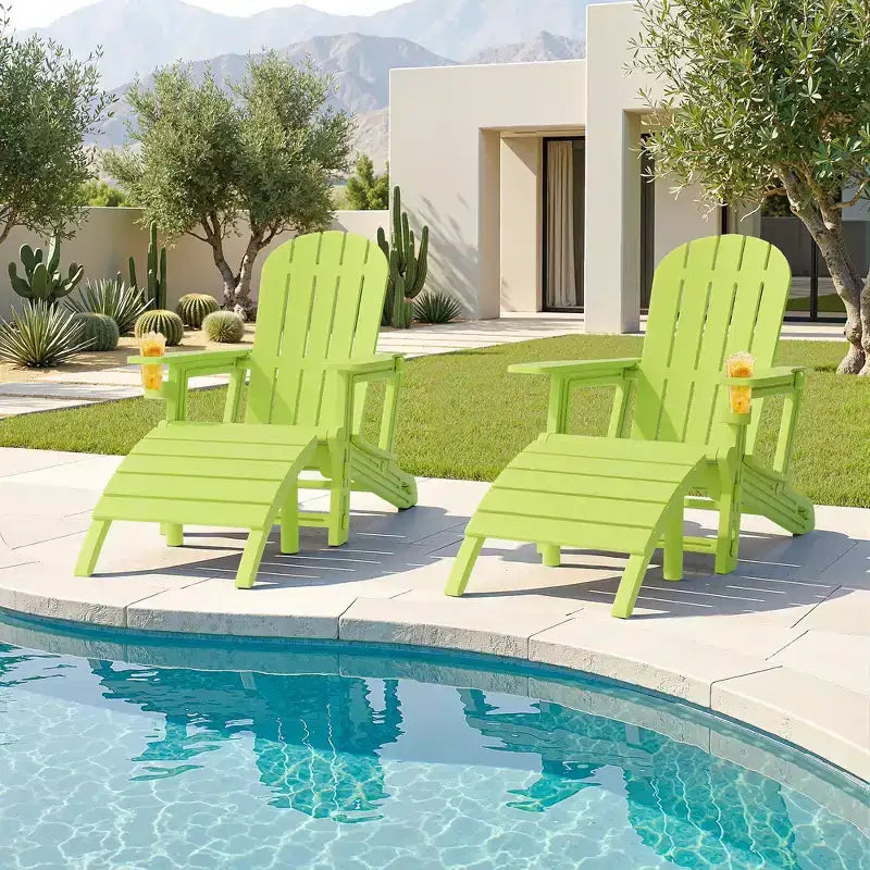 Celebalcony Adirondack Chairs Set with Umbrella Hole Removable Tray & 2 Curved Ottoman, HDPE Plastic Outdoor Chairs for Patio Pool