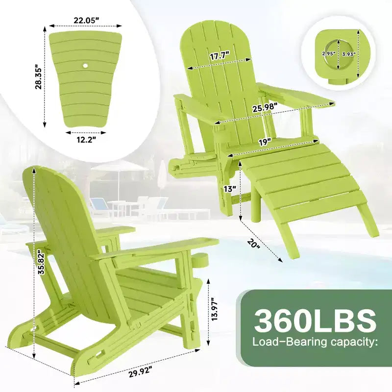 Celebalcony Adirondack Chairs Set with Umbrella Hole Removable Tray & 2 Curved Ottoman, HDPE Plastic Outdoor Chairs for Patio Pool