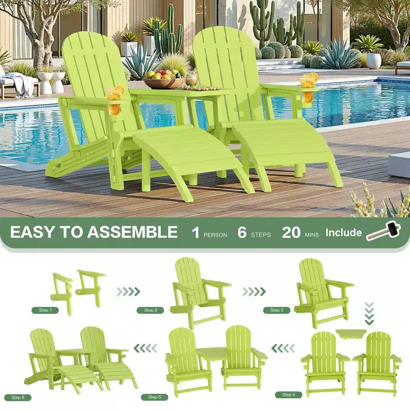 Celebalcony Adirondack Chairs Set with Umbrella Hole Removable Tray & 2 Curved Ottoman, HDPE Plastic Outdoor Chairs for Patio Pool
