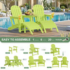 Celebalcony Adirondack Chairs Set with Umbrella Hole Removable Tray & 2 Curved Ottoman, HDPE Plastic Outdoor Chairs for Patio Pool