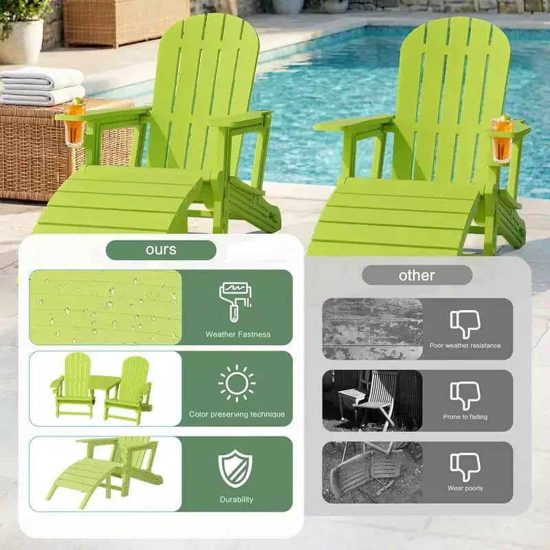 Celebalcony Adirondack Chairs Set with Umbrella Hole Removable Tray & 2 Curved Ottoman, HDPE Plastic Outdoor Chairs for Patio Pool
