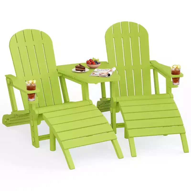 Celebalcony Adirondack Chairs Set with Umbrella Hole Removable Tray & 2 Curved Ottoman, HDPE Plastic Outdoor Chairs for Patio Pool