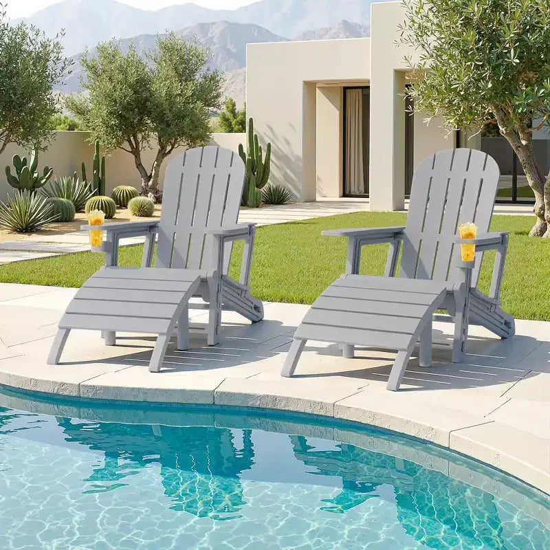 Celebalcony Adirondack Chairs Set with Umbrella Hole Removable Tray & 2 Curved Ottoman, HDPE Plastic Outdoor Chairs for Patio Pool