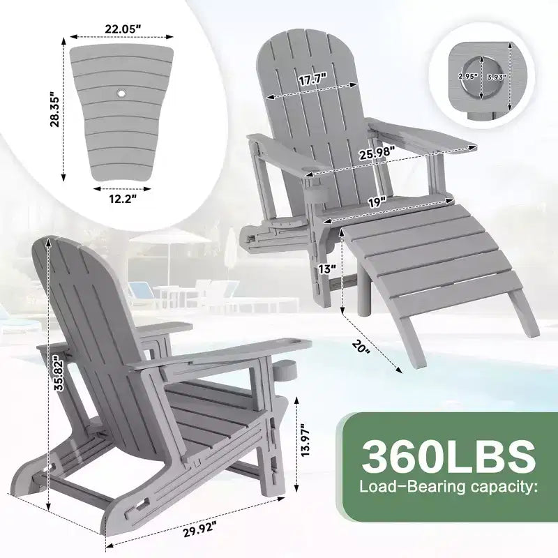 Celebalcony Adirondack Chairs Set with Umbrella Hole Removable Tray & 2 Curved Ottoman, HDPE Plastic Outdoor Chairs for Patio Pool