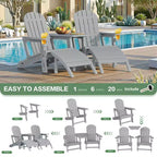 Celebalcony Adirondack Chairs Set with Umbrella Hole Removable Tray & 2 Curved Ottoman, HDPE Plastic Outdoor Chairs for Patio Pool