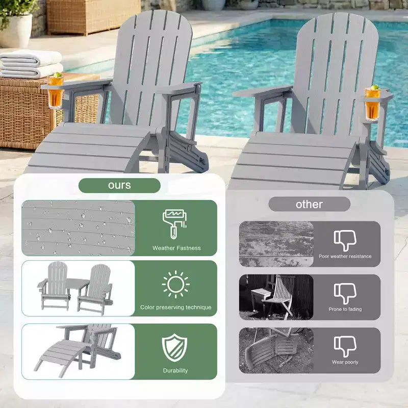 Celebalcony Adirondack Chairs Set with Umbrella Hole Removable Tray & 2 Curved Ottoman, HDPE Plastic Outdoor Chairs for Patio Pool