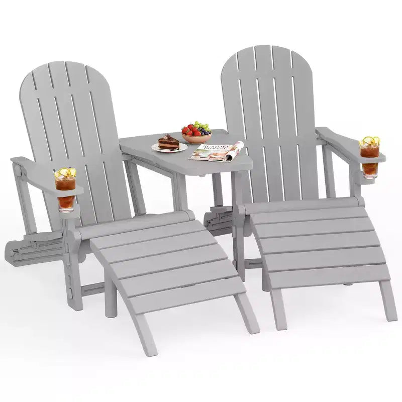 Celebalcony Adirondack Chairs Set with Umbrella Hole Removable Tray & 2 Curved Ottoman, HDPE Plastic Outdoor Chairs for Patio Pool