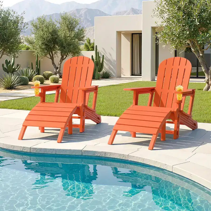 Celebalcony Adirondack Chairs Set with Umbrella Hole Removable Tray & 2 Curved Ottoman, HDPE Plastic Outdoor Chairs for Patio Pool