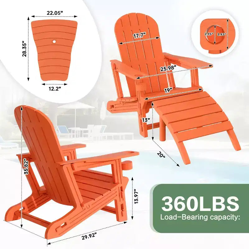 Celebalcony Adirondack Chairs Set with Umbrella Hole Removable Tray & 2 Curved Ottoman, HDPE Plastic Outdoor Chairs for Patio Pool