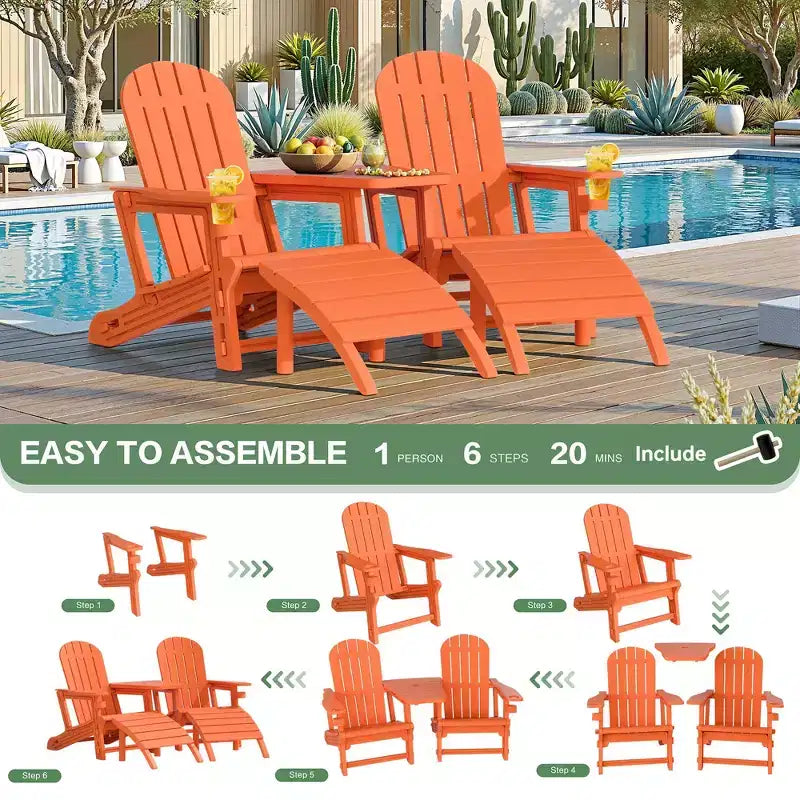 Celebalcony Adirondack Chairs Set with Umbrella Hole Removable Tray & 2 Curved Ottoman, HDPE Plastic Outdoor Chairs for Patio Pool