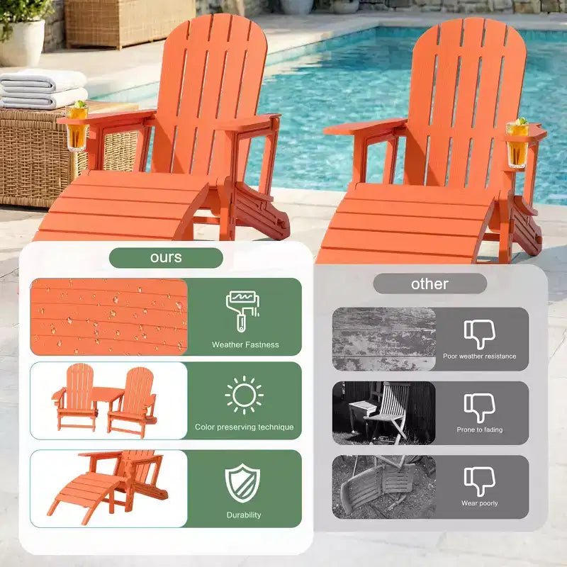 Celebalcony Adirondack Chairs Set with Umbrella Hole Removable Tray & 2 Curved Ottoman, HDPE Plastic Outdoor Chairs for Patio Pool