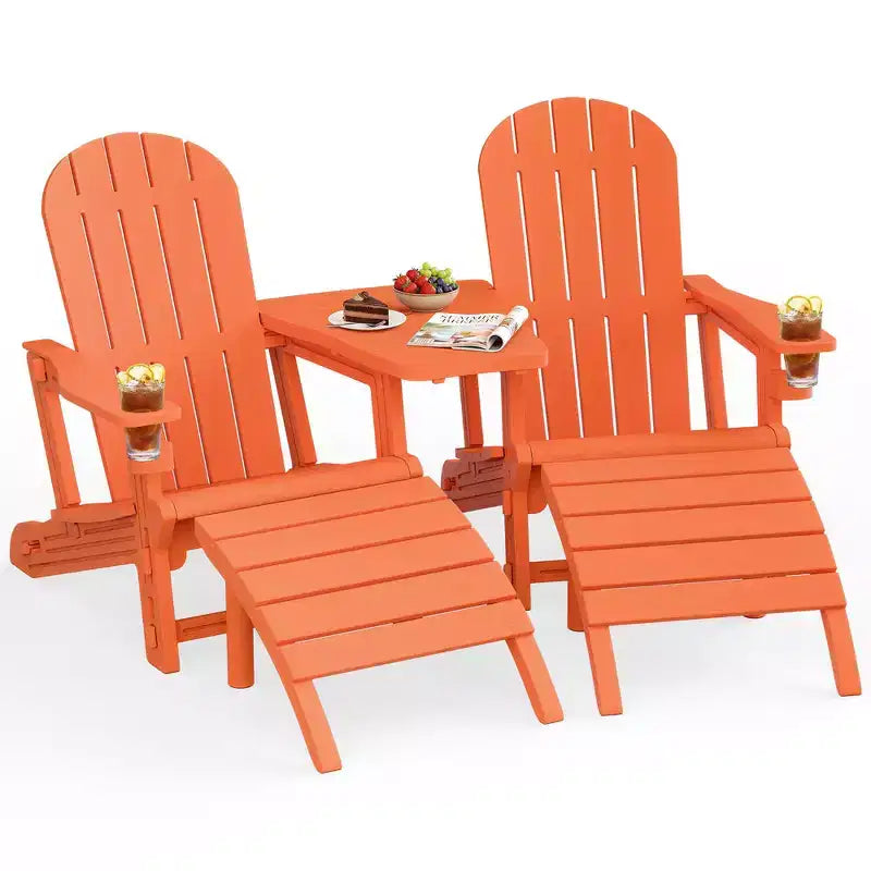 Celebalcony Adirondack Chairs Set with Umbrella Hole Removable Tray & 2 Curved Ottoman, HDPE Plastic Outdoor Chairs for Patio Pool