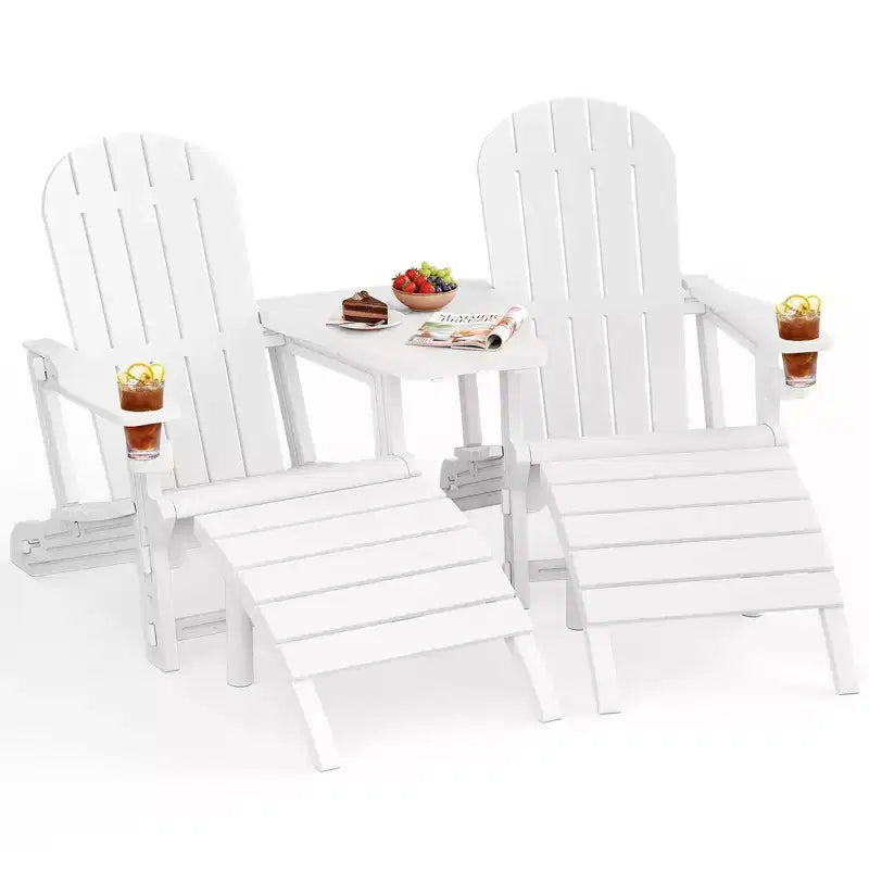Celebalcony Adirondack Chairs Set with Umbrella Hole Removable Tray & 2 Curved Ottoman, HDPE Plastic Outdoor Chairs for Patio Pool