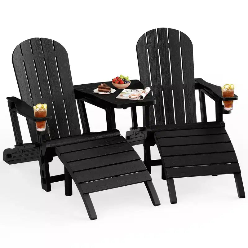 Celebalcony Adirondack Chairs Set with Umbrella Hole Removable Tray & 2 Curved Ottoman, HDPE Plastic Outdoor Chairs for Patio Pool
