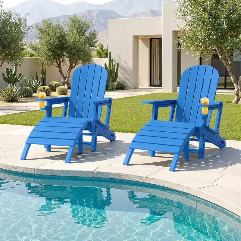 Celebalcony Adirondack Chairs Set with Umbrella Hole Removable Tray & 2 Curved Ottoman, HDPE Plastic Outdoor Chairs for Patio Pool
