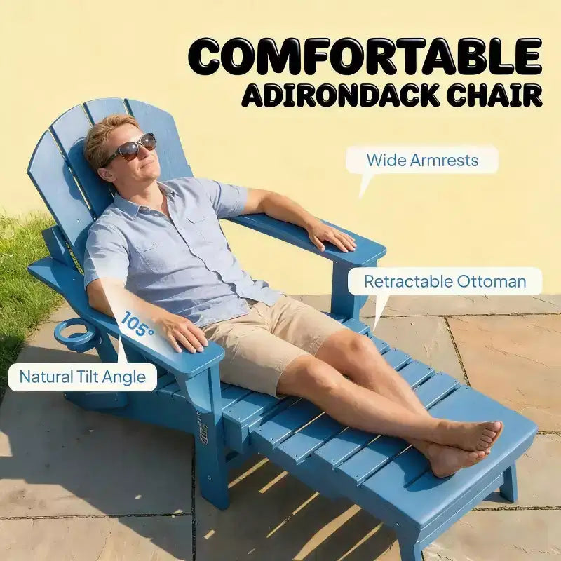 Set of 2 Folding Adirondack Fire Pit Chairs with Hidden Footrest, Oversized Comfort, Cup Holder, All-Weather HDPE Outdoor Patio Seating-Panipeachy