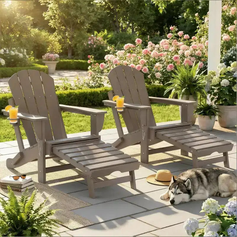 Set of 2 Folding Adirondack Fire Pit Chairs with Hidden Footrest, Oversized Comfort, Cup Holder, All-Weather HDPE Outdoor Patio Seating-Panipeachy