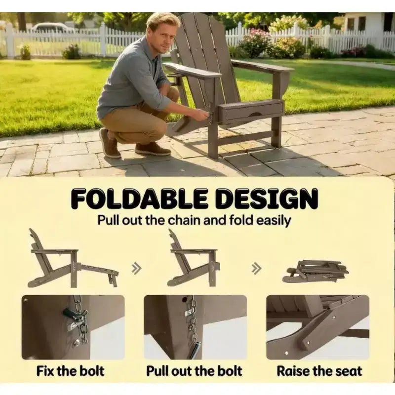 Set of 2 Folding Adirondack Fire Pit Chairs with Hidden Footrest, Oversized Comfort, Cup Holder, All-Weather HDPE Outdoor Patio Seating-Panipeachy
