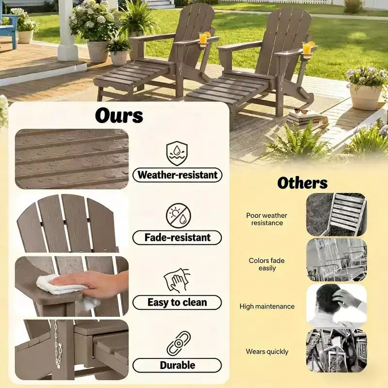 Set of 2 Folding Adirondack Fire Pit Chairs with Hidden Footrest, Oversized Comfort, Cup Holder, All-Weather HDPE Outdoor Patio Seating-Panipeachy