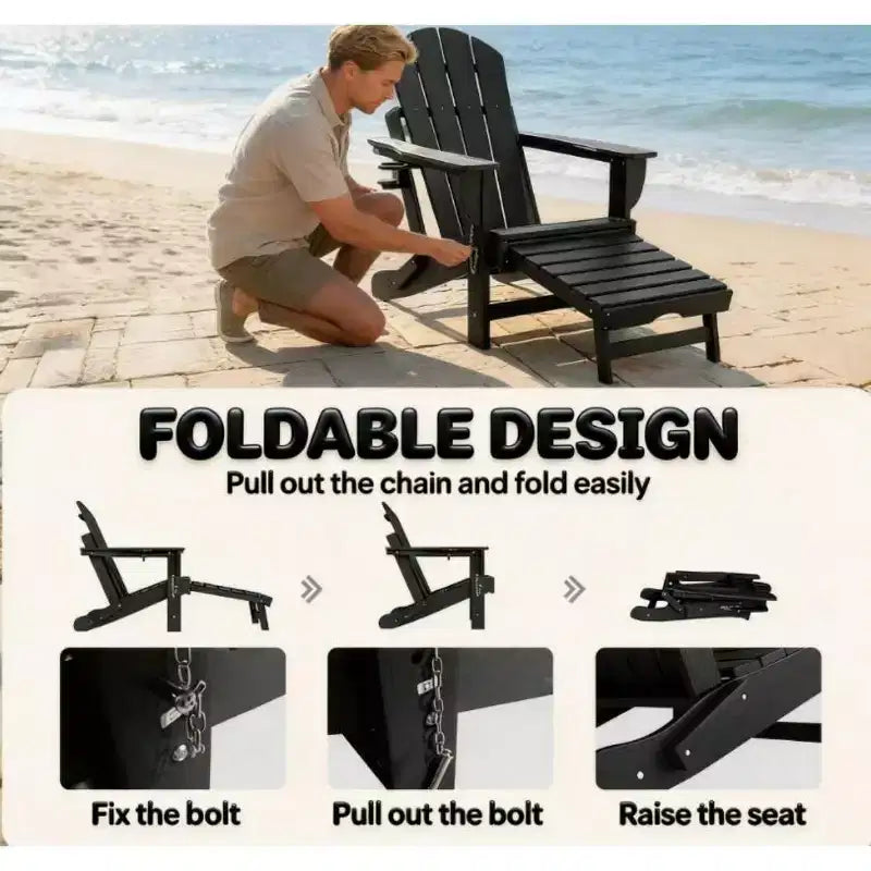 Set of 2 Folding Adirondack Fire Pit Chairs with Hidden Footrest, Oversized Comfort, Cup Holder, All-Weather HDPE Outdoor Patio Seating-Panipeachy