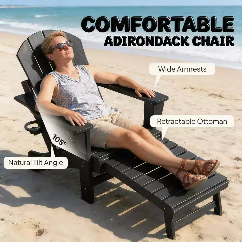 Set of 2 Folding Adirondack Fire Pit Chairs with Hidden Footrest, Oversized Comfort, Cup Holder, All-Weather HDPE Outdoor Patio Seating-Panipeachy