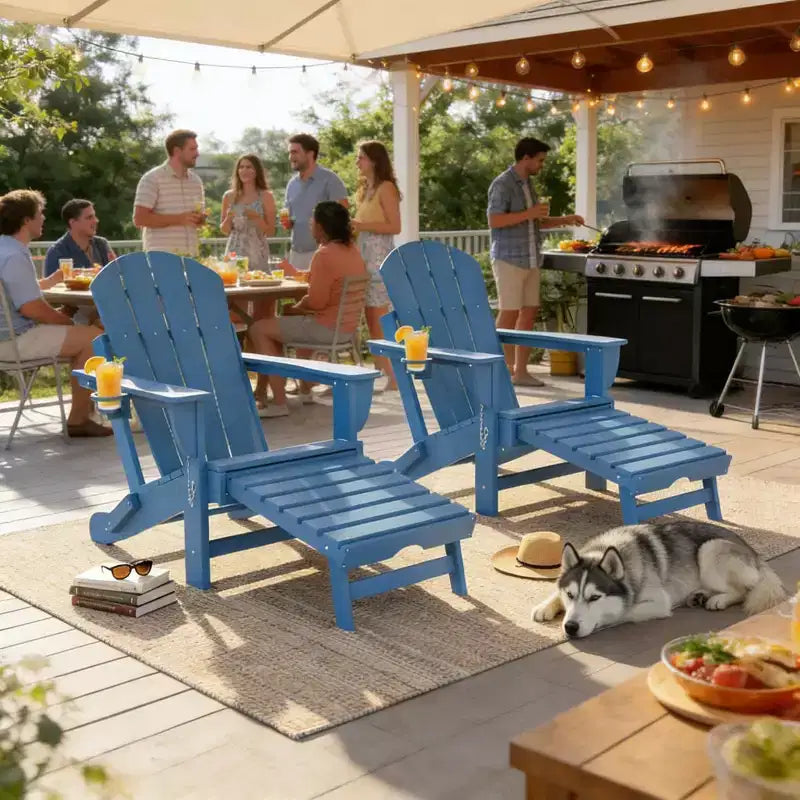 Set of 2 Folding Adirondack Fire Pit Chairs with Hidden Footrest, Oversized Comfort, Cup Holder, All-Weather HDPE Outdoor Patio Seating-Panipeachy