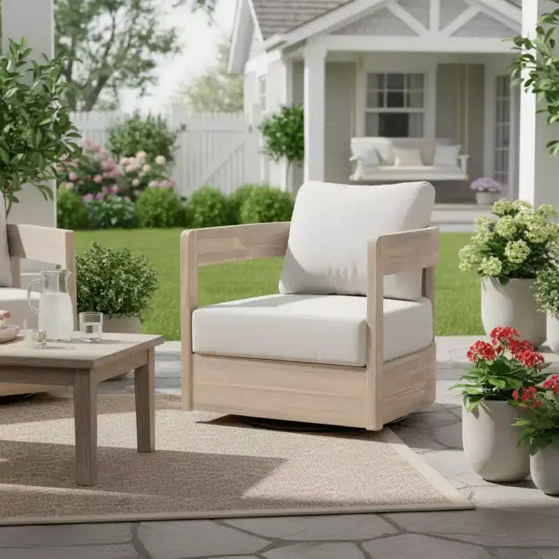 Outdoor Wooden Swivel Club Chair with Beige Cushion, Modern Patio Seating for Garden, Deck, or Balcony-Panipeachy