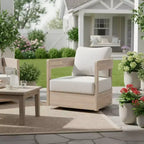 Outdoor Wooden Swivel Club Chair with Beige Cushion, Modern Patio Seating for Garden, Deck, or Balcony-Panipeachy