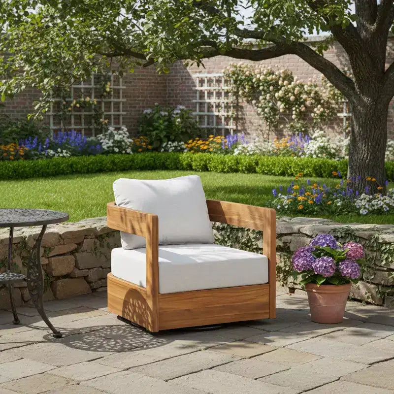 Outdoor Wooden Swivel Club Chair with Beige Cushion, Modern Patio Seating for Garden, Deck, or Balcony-Panipeachy