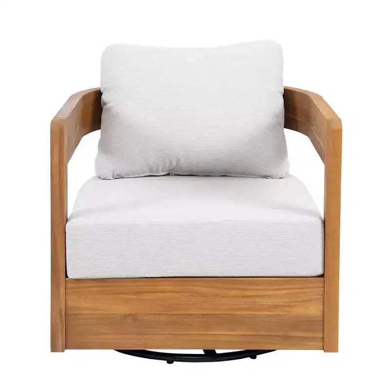 Outdoor Wooden Swivel Club Chair with Beige Cushion, Modern Patio Seating for Garden, Deck, or Balcony-Panipeachy