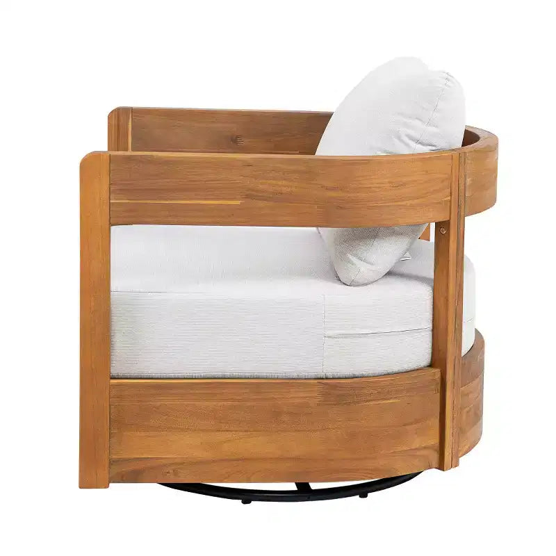 Outdoor Wooden Swivel Club Chair with Beige Cushion, Modern Patio Seating for Garden, Deck, or Balcony-Panipeachy