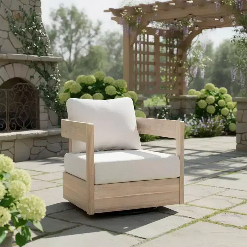 Outdoor Wooden Swivel Club Chair with Beige Cushion, Modern Patio Seating for Garden, Deck, or Balcony-Panipeachy