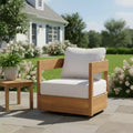 Outdoor Wooden Swivel Club Chair with Beige Cushion, Modern Patio Seating for Garden, Deck, or Balcony-Panipeachy