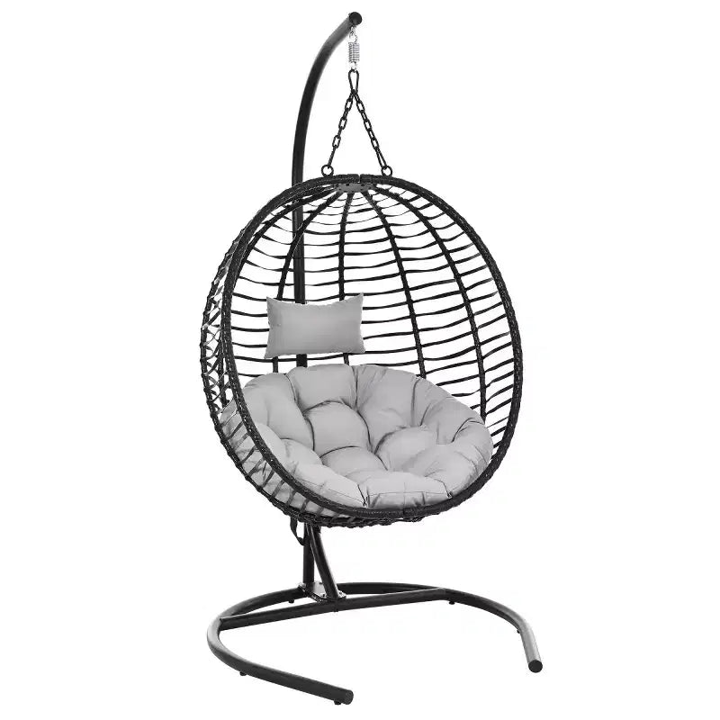 Folding Hanging Egg Chair with Stand and Cushion, Outdoor Wicker Hammock Swing Chair for Balcony, Bedroom, Garden Seating-Panipeachy