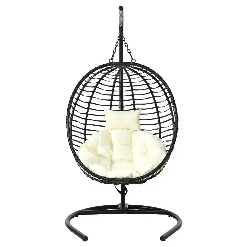 Folding Hanging Egg Chair with Stand and Cushion, Outdoor Wicker Hammock Swing Chair for Balcony, Bedroom, Garden Seating-Panipeachy