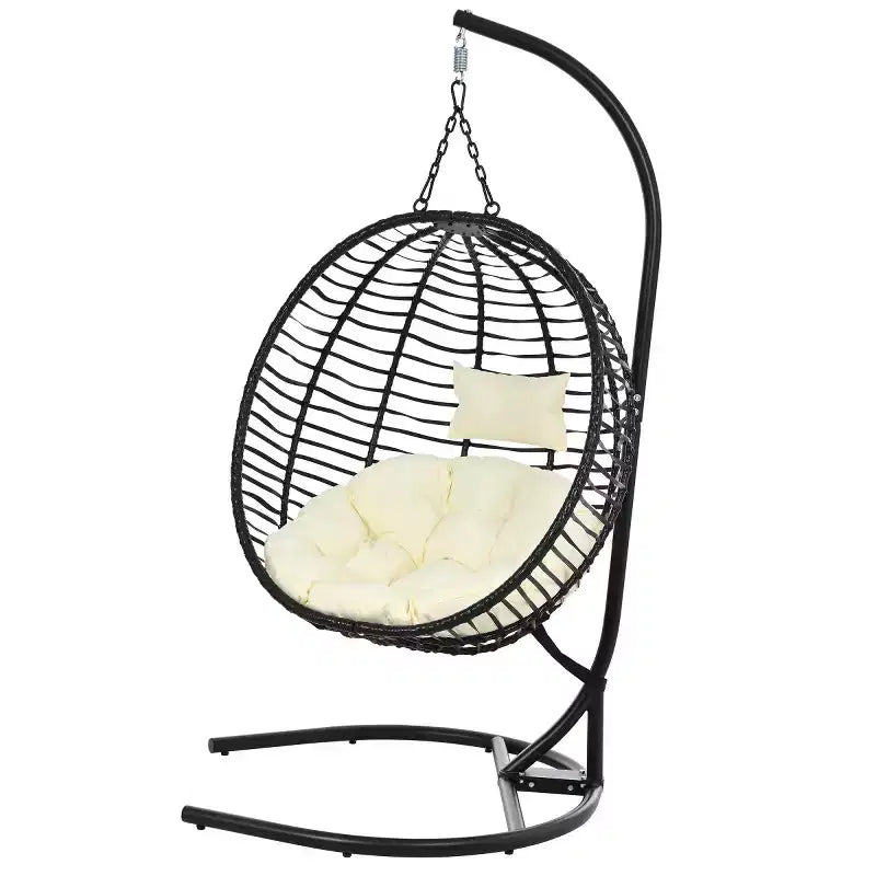 Folding Hanging Egg Chair with Stand and Cushion, Outdoor Wicker Hammock Swing Chair for Balcony, Bedroom, Garden Seating-Panipeachy