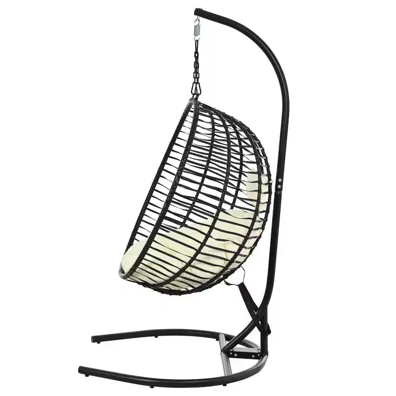 Folding Hanging Egg Chair with Stand and Cushion, Outdoor Wicker Hammock Swing Chair for Balcony, Bedroom, Garden Seating-Panipeachy