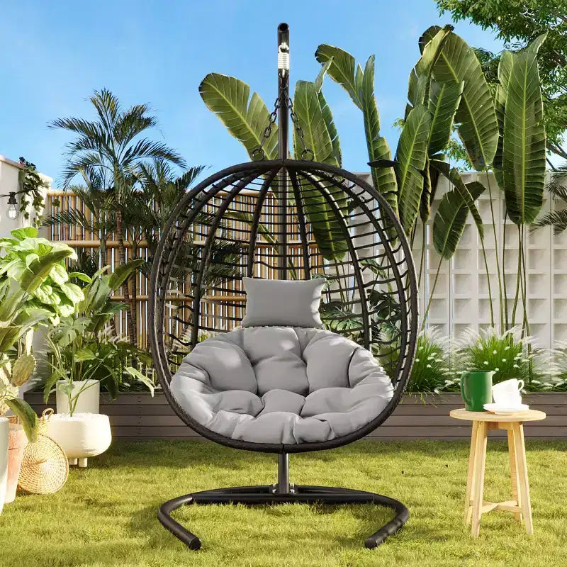 Folding Hanging Egg Chair with Stand and Cushion, Outdoor Wicker Hammock Swing Chair for Balcony, Bedroom, Garden Seating-Panipeachy