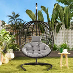 Folding Hanging Egg Chair with Stand and Cushion, Outdoor Wicker Hammock Swing Chair for Balcony, Bedroom, Garden Seating-Panipeachy