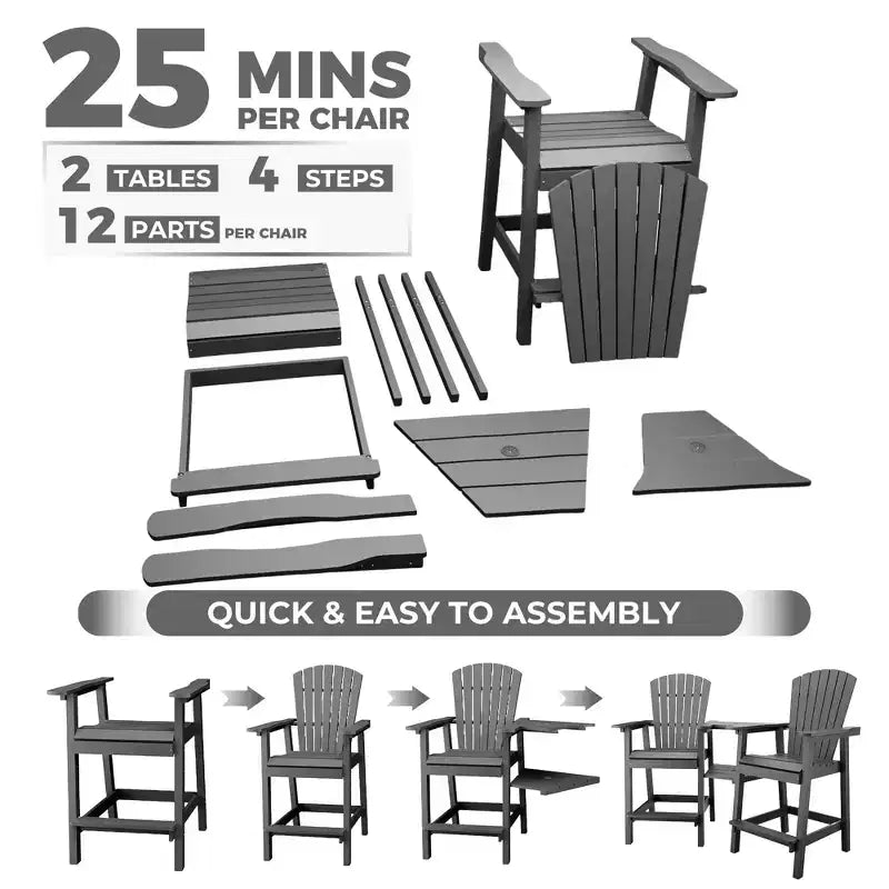 Tall Adirondack Chairs Set of 2, High Barstools with Connecting Tray & Footrest, Weather Resistant Recycled Chairs for Patio, Balcony, Garden