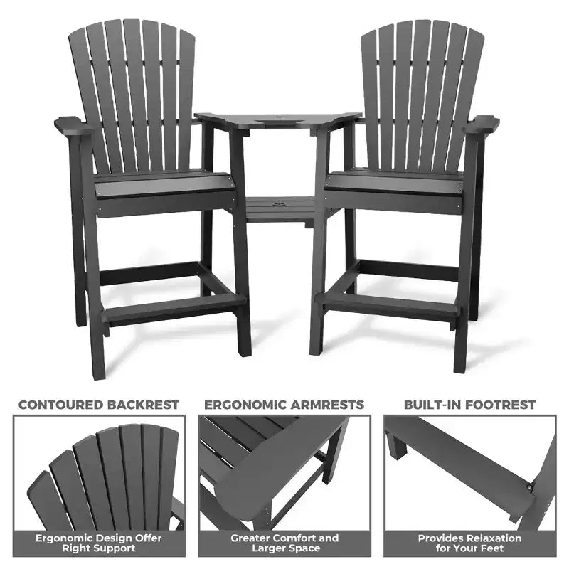 Tall Adirondack Chairs Set of 2, High Barstools with Connecting Tray & Footrest, Weather Resistant Recycled Chairs for Patio, Balcony, Garden