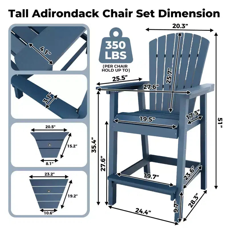 Tall Adirondack Chairs Set of 2, High Barstools with Connecting Tray & Footrest, Weather Resistant Recycled Chairs for Patio, Balcony, Garden