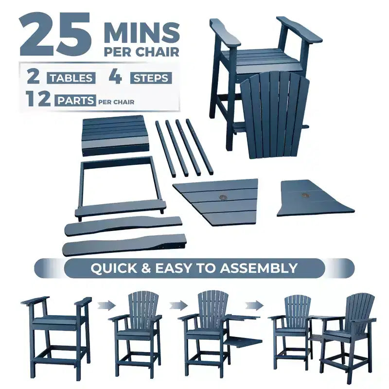 Tall Adirondack Chairs Set of 2, High Barstools with Connecting Tray & Footrest, Weather Resistant Recycled Chairs for Patio, Balcony, Garden