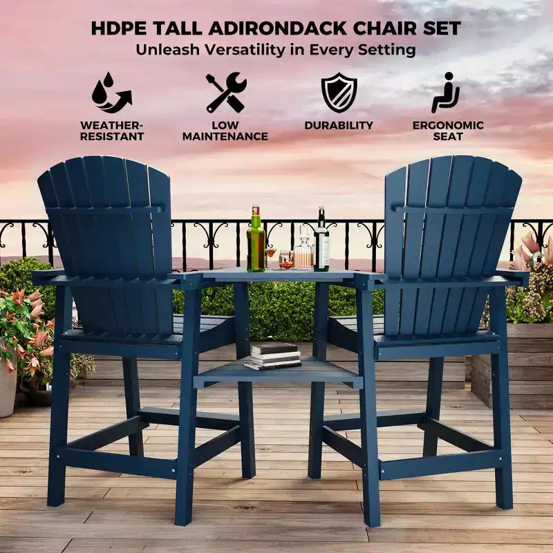 Tall Adirondack Chairs Set of 2, High Barstools with Connecting Tray & Footrest, Weather Resistant Recycled Chairs for Patio, Balcony, Garden