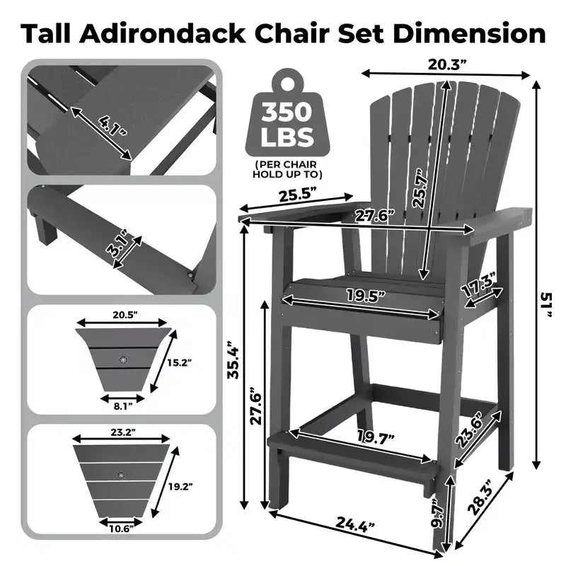 Tall Adirondack Chairs Set of 2, High Barstools with Connecting Tray & Footrest, Weather Resistant Recycled Chairs for Patio, Balcony, Garden