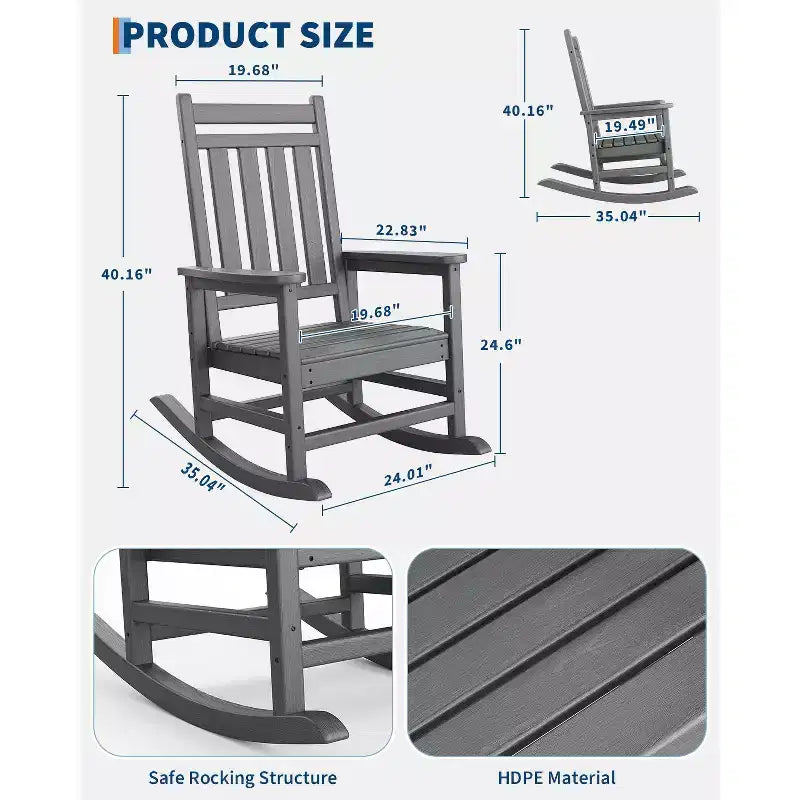 HDPE Rocking Chair Outdoor, Poly High Back Porch Rocker Chairs, All Weather Resistant Furniture for Patio Front Porch