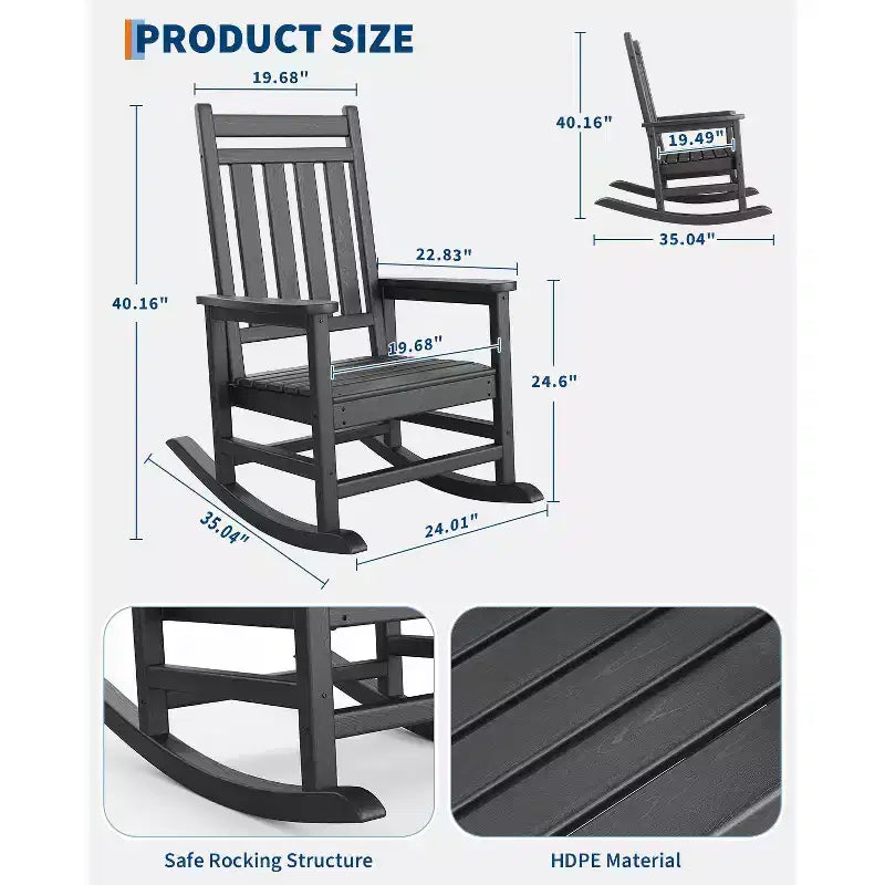 HDPE Rocking Chair Outdoor, Poly High Back Porch Rocker Chairs, All Weather Resistant Furniture for Patio Front Porch