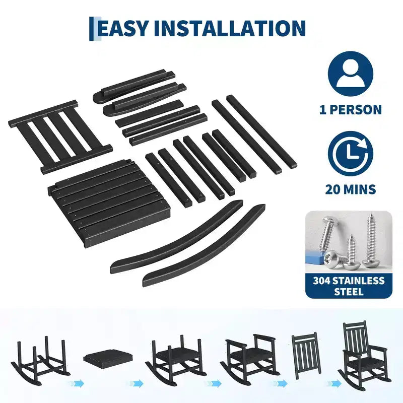 HDPE Rocking Chair Set of 2 with 1 Side Table, Adirondack Rocking Chair with High Back, All Weather Resistant Furniture Set for Porch, Garden