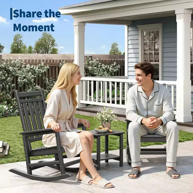 HDPE Rocking Chair Set of 2 with 1 Side Table, Adirondack Rocking Chair with High Back, All Weather Resistant Furniture Set for Porch, Garden