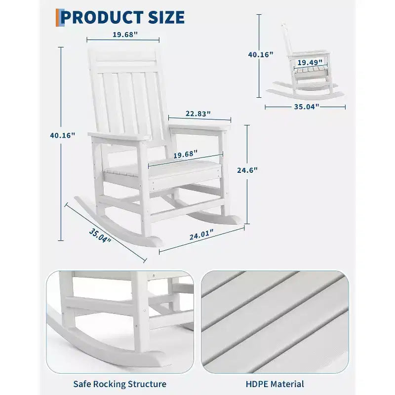 HDPE Rocking Chair Set of 2 with 1 Side Table, Adirondack Rocking Chair with High Back, All Weather Resistant Furniture Set for Porch, Garden